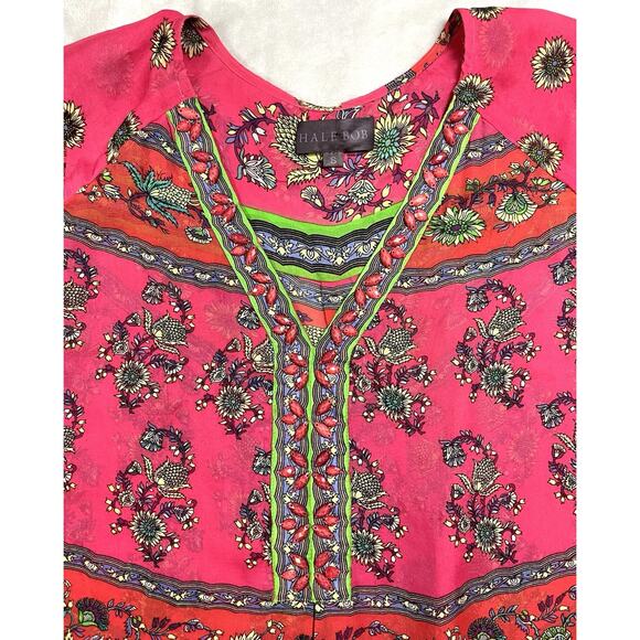 Hale Bob Silk Print Beaded Size Small Cabana Peasant Top Boho Chic Resort Blouse - Picture 2 of 12